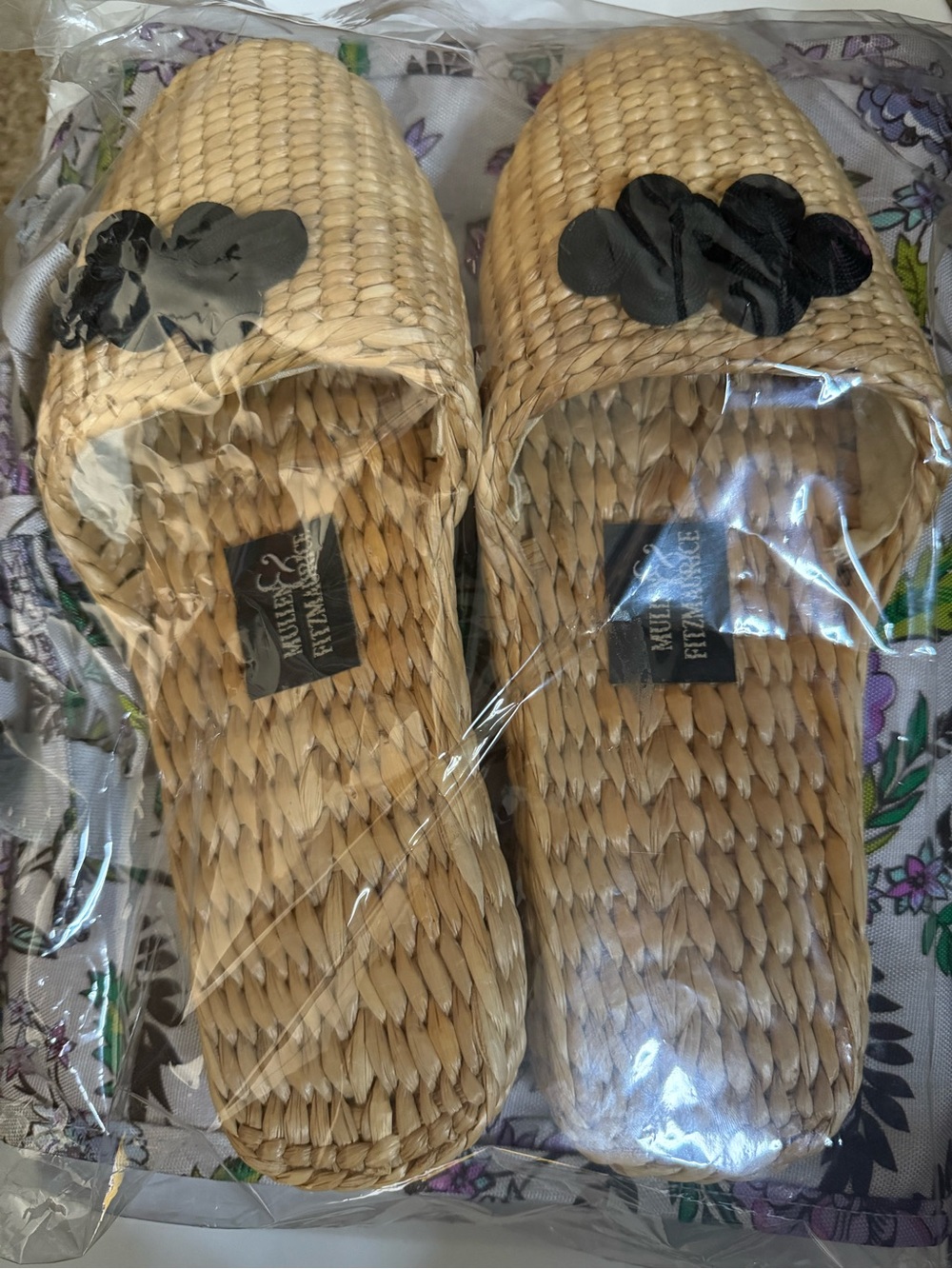 Women’s Straw Slippers with Black Flower Accent by Mullen&FitzMaurice